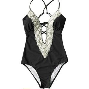 Cupshe Black One-Piece Swimsuit with Cream Lace Trim